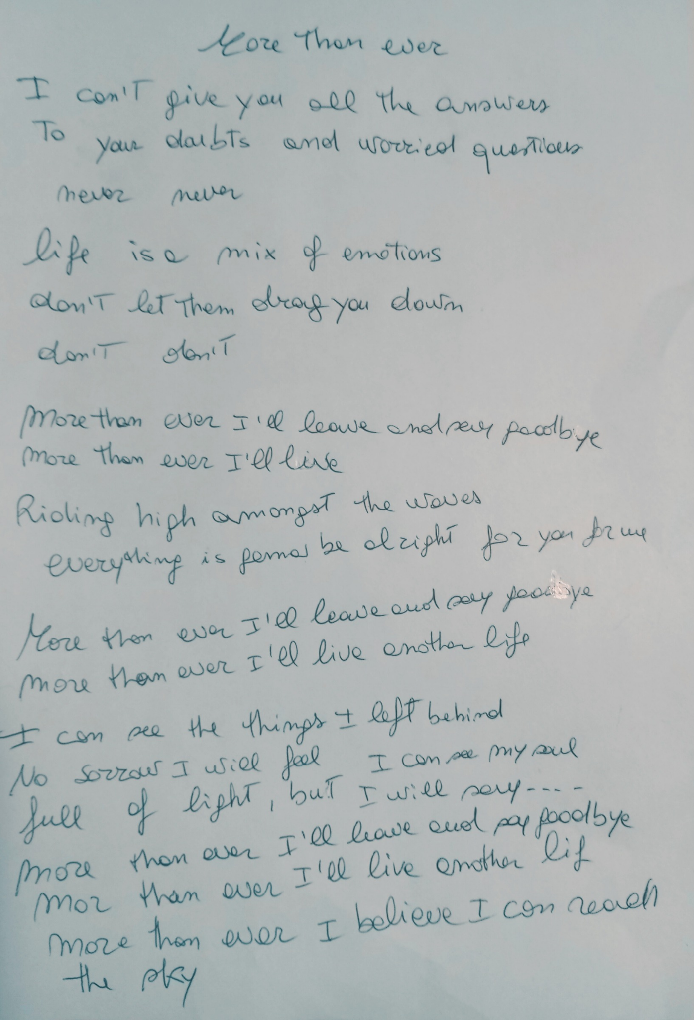 Hand written song lyrics